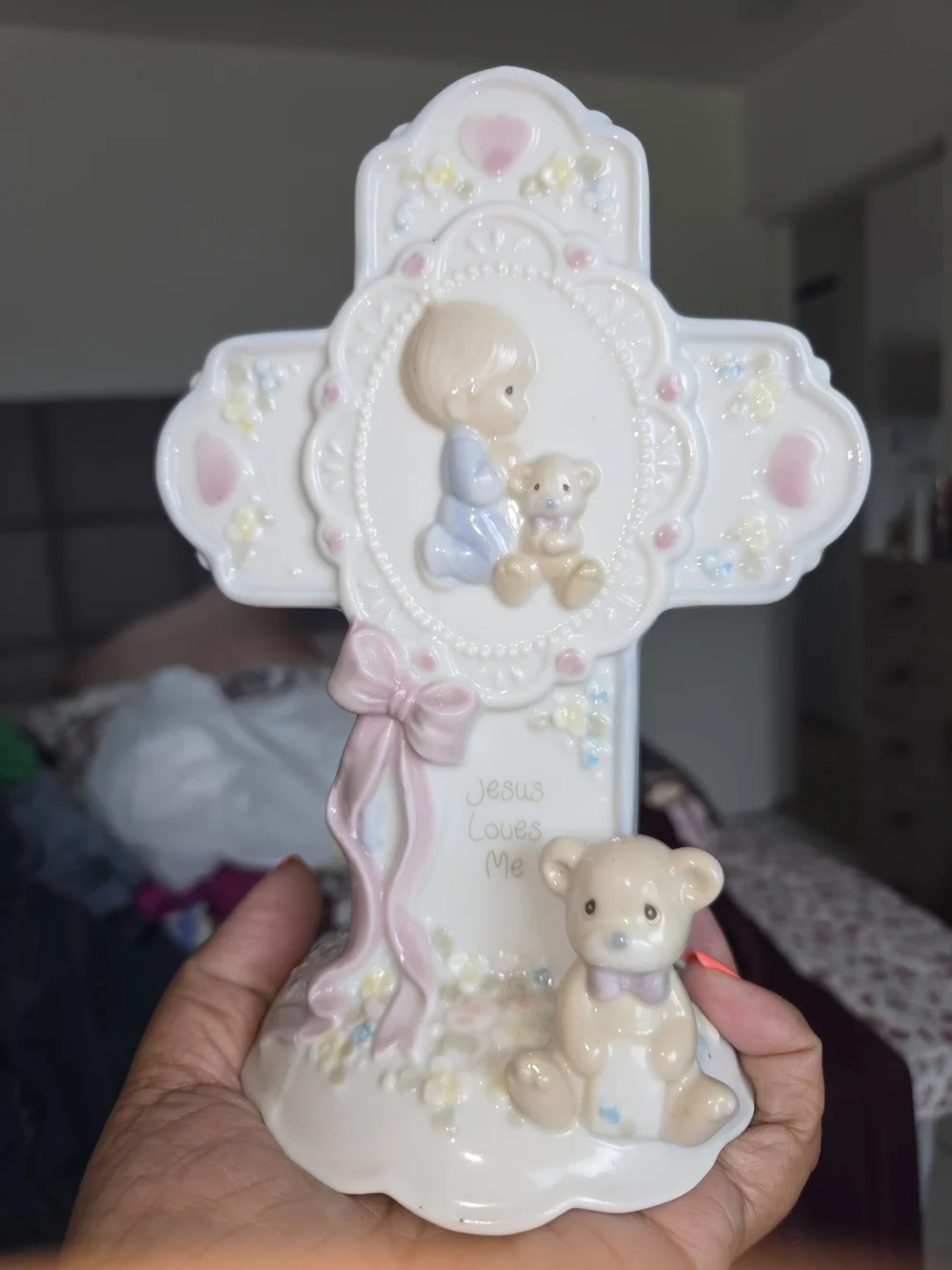 Vintage 1993 Precious Moments Jesus Loves Me Cross Boy Teddy Bear Enesco